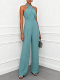 Women Cyan Halter Sleeveless Dressy Jumpsuit