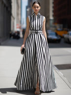 Striped Sleeveless Belted Elegant Dress