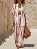 Casual & Relaxed Striped Linen-cotton Three-piece Set: Bandeau Top, Cardigan, And Pants