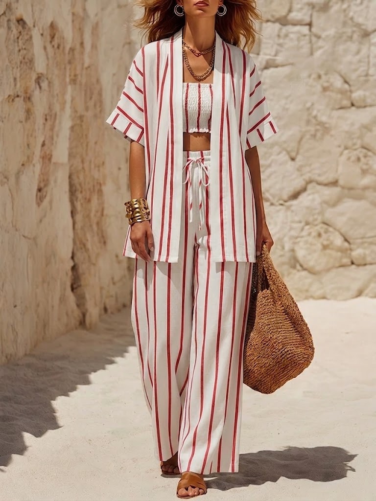 Casual & Relaxed Striped Linen-cotton Three-piece Set: Bandeau Top, Cardigan, And Pants