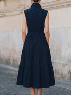 Sleeveless Button-Down Collar Tiered Midi Dress