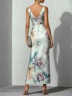 Light Blue Floral Satin V Neck Sleeveless Maxi Dress