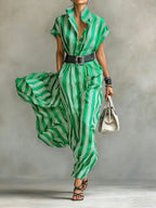 Women's Striped Printed Lapel Short-sleeved Casual Loose Cotton Linen Dress