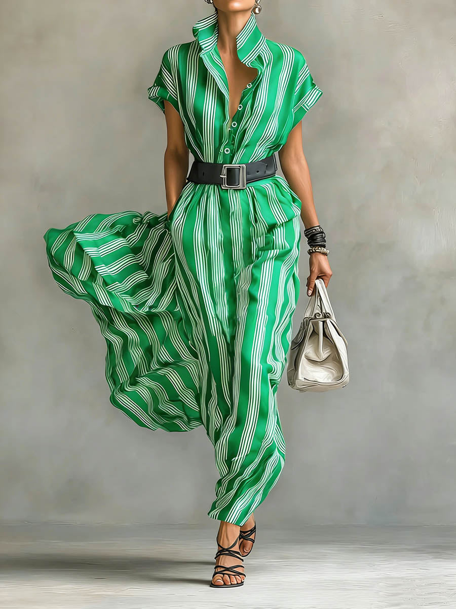 Women's Striped Printed Lapel Short-sleeved Casual Loose Cotton Linen Dress