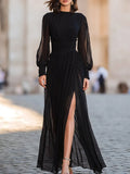 Long-Sleeve Sheer Pleated Evening Gown With High Slit
