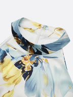 Blue Floral Satin Halter Sleeveless Sheath Midi Dress