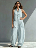 Classic Striped Loose-fit Cotton-linen Jumpsuit