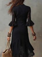 Retro Ruffle Cuffs Flare Skirt Lace Midi Dress