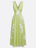 Light Green Applique Chiffon V Neck Sleeveless A-Line Maxi Dress