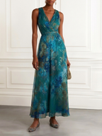 Blue Green Floral Pleated Chiffon V-neck A-line Maxi Dress