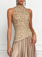 Champagne Lace Satin Halter Crew Neck Sleeveless A-Line Maxi Dress