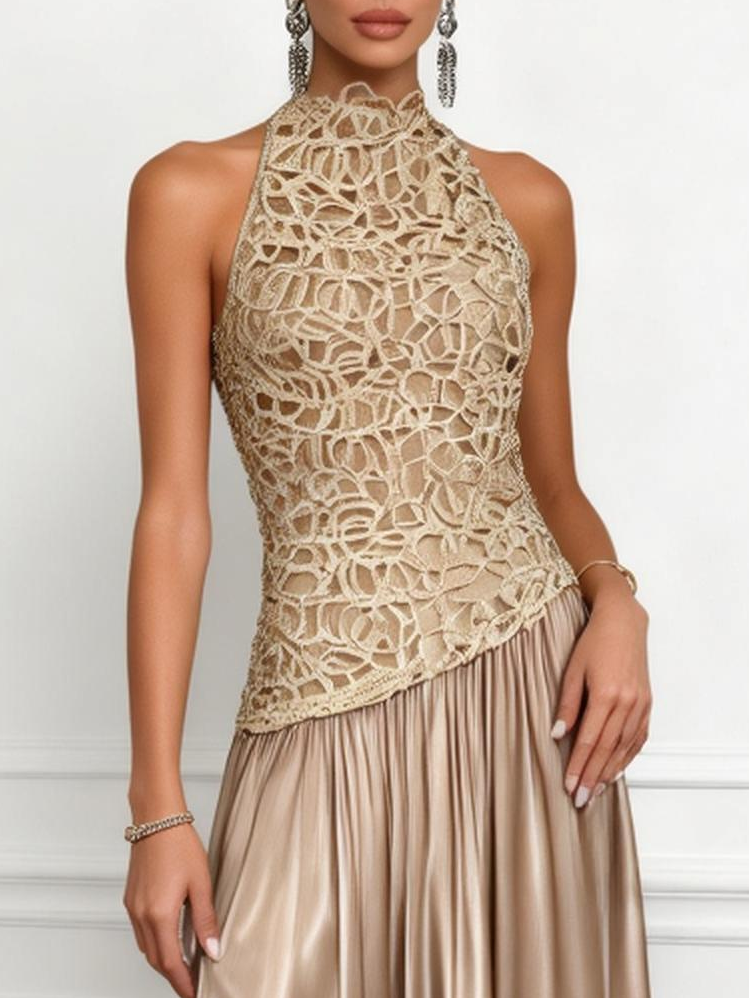 Champagne Lace Satin Halter Crew Neck Sleeveless A-Line Maxi Dress