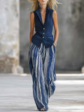 Casual Linen And Cotton Sleeveless Vest And Striped Trousers Two-piece Set
