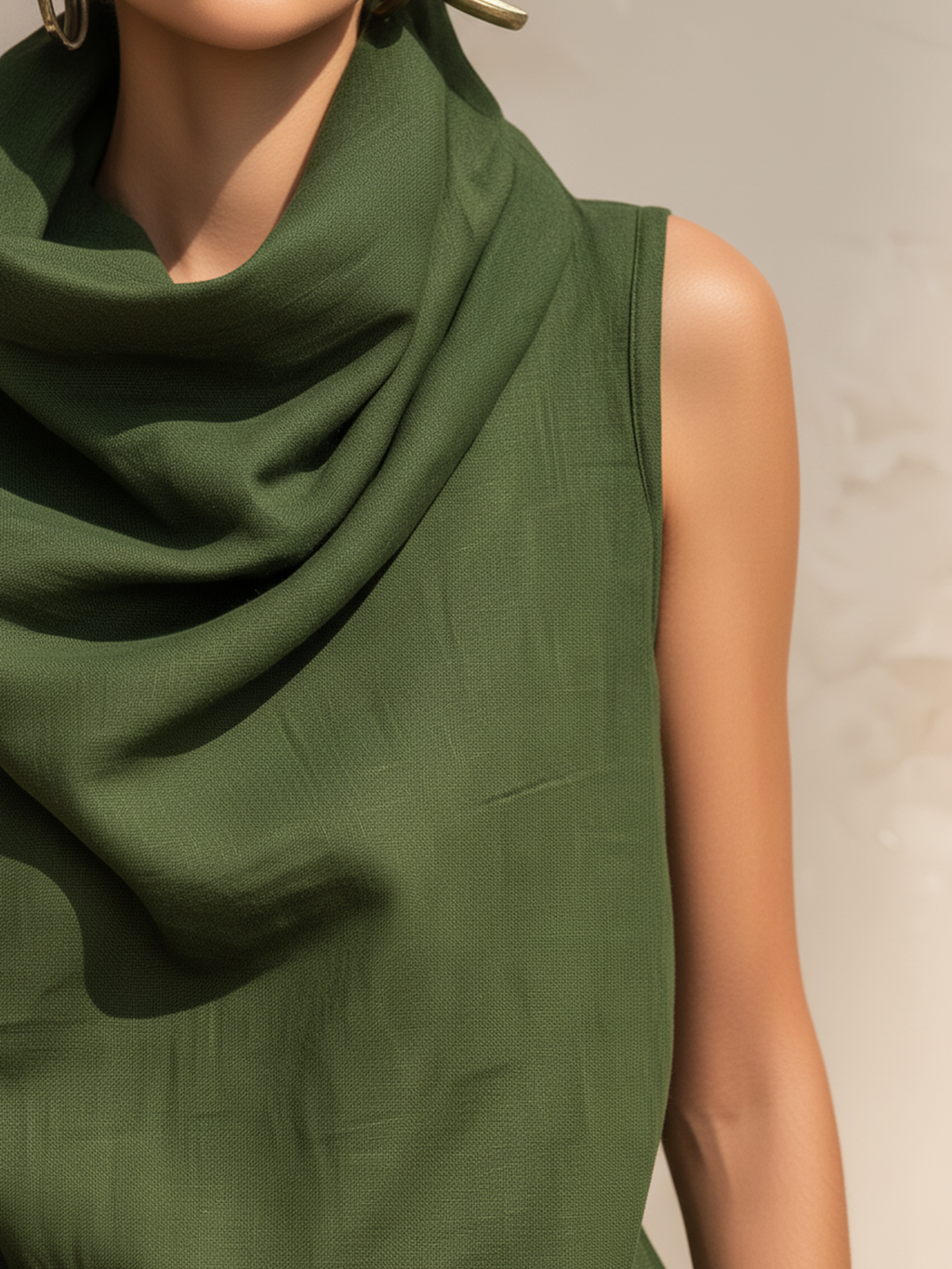 Olive Cowl Neck Sleeveless Linen-Blend Co-ord Set With Drop-Crotch Pants