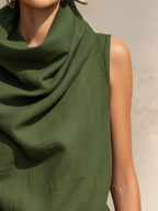 Olive Cowl Neck Sleeveless Linen-Blend Co-ord Set With Drop-Crotch Pants