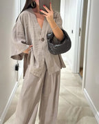 Casual V-Neck Top & Pants Two-Piece Set