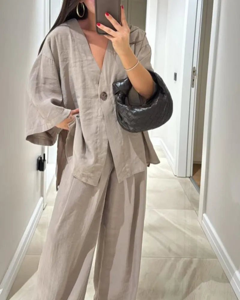 Casual V-Neck Top & Pants Two-Piece Set