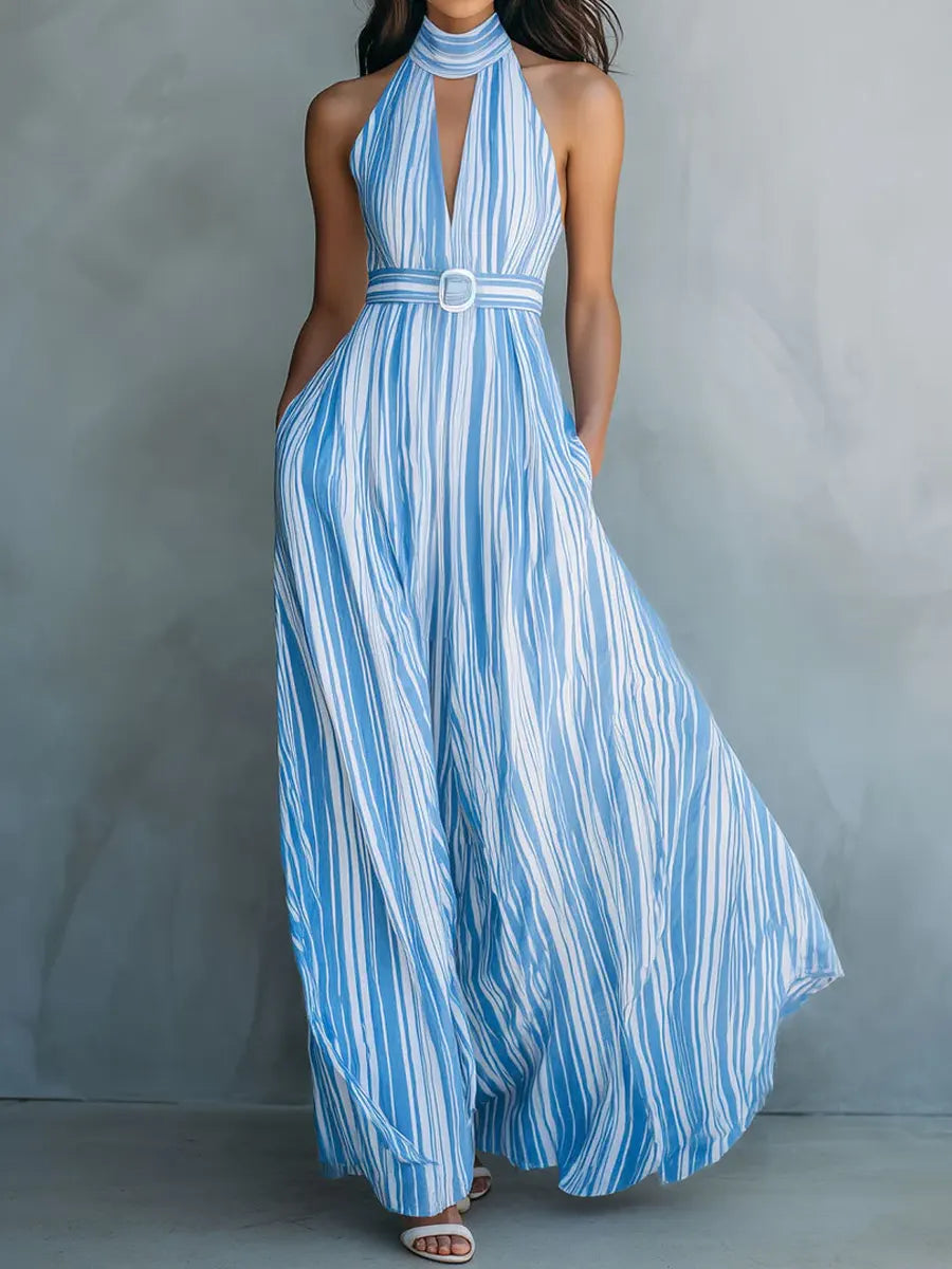 Women's Retro Striped Art No Sleeve Casual Vacation Maxi Dress