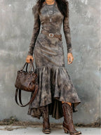 Vintage Polyester Flare Hem Midi Dress（Includes belt）
