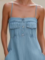 Light Blue Tencel Denim Spaghetti Strap Maxi Dress With Front Slit