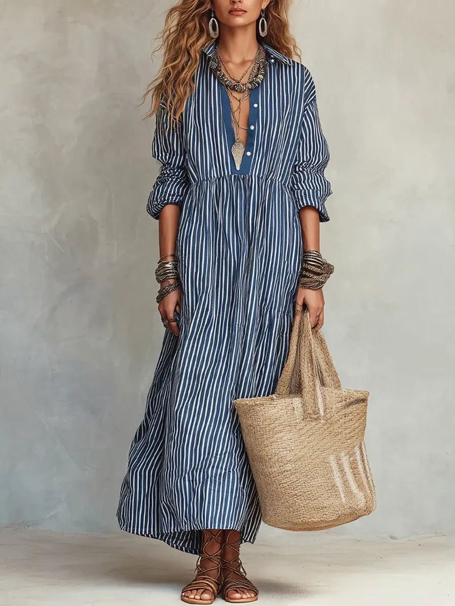 Women's Retro Striped Art Casual Vacation Lapel Cotton Linen Dress