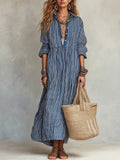 Women's Retro Striped Art Casual Vacation Lapel Cotton Linen Dress