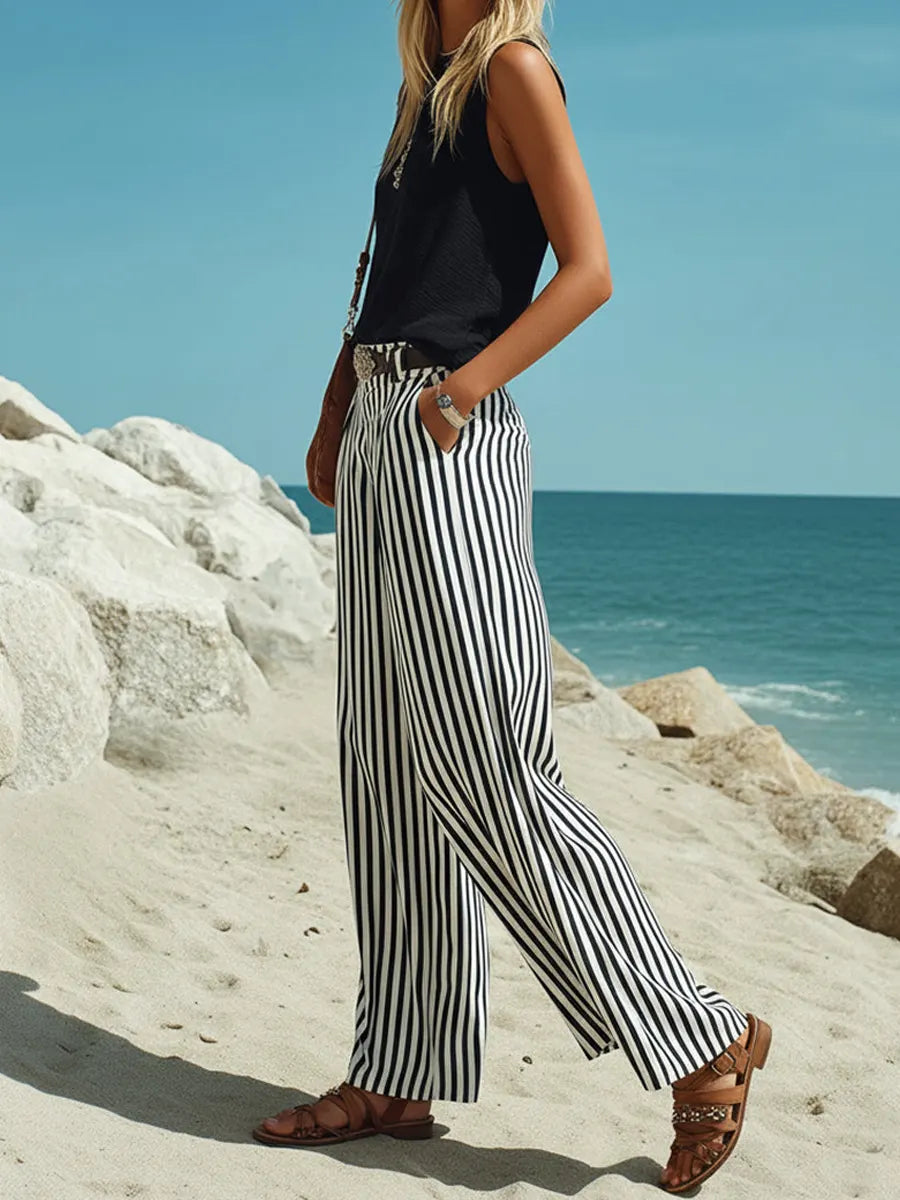 Women's Casual Vacation Cotton Sleeveless Vest And Vertical Striped Wide-leg Pants Set