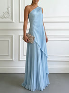 Women Light Blue Pleated One Shoulder Sleeveless Dressy Top With Skirt Two-Piece Set
