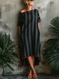 Women's Striped Print Round-neck Short-sleeve Casual Loose Cotton-linen Dress
