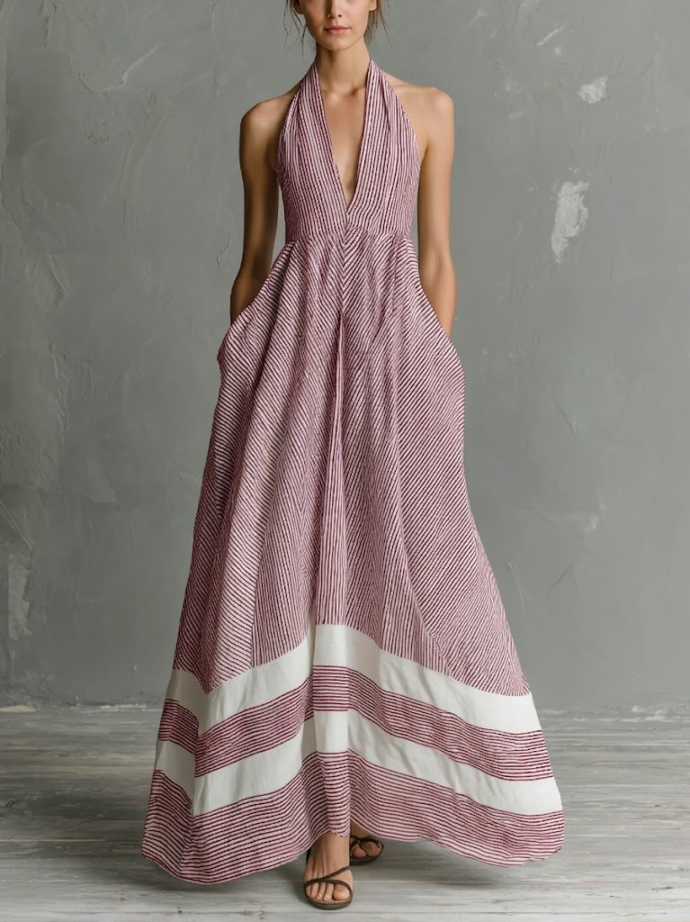 Stylish Casual Striped Linen And Cotton Sleeveless Dress
