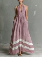 Stylish Casual Striped Linen And Cotton Sleeveless Dress