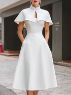 High Neck Cape Sleeve Keyhole A-Line Midi Dress