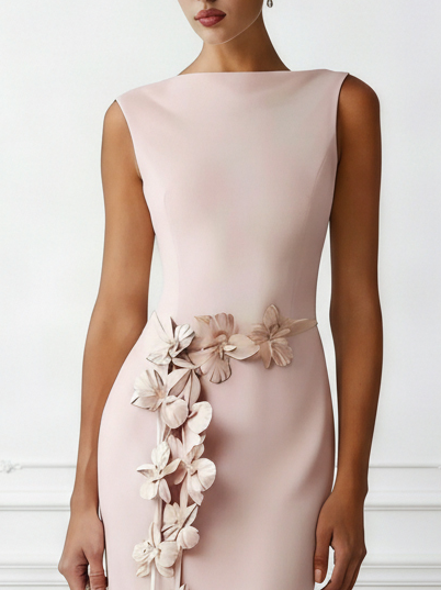 Pink 3D Floral Classic Boat Neck Sleeveless Sheath Maxi Dress