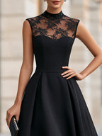 Elegant Lace Neck Organza-Overlay A-Line Midi Dress