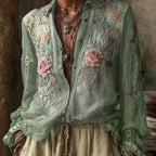 Women's Vintage Bohemian Floral Pattern Linen Long Sleeve Shirt