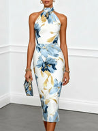 Blue Floral Satin Halter Sleeveless Sheath Midi Dress