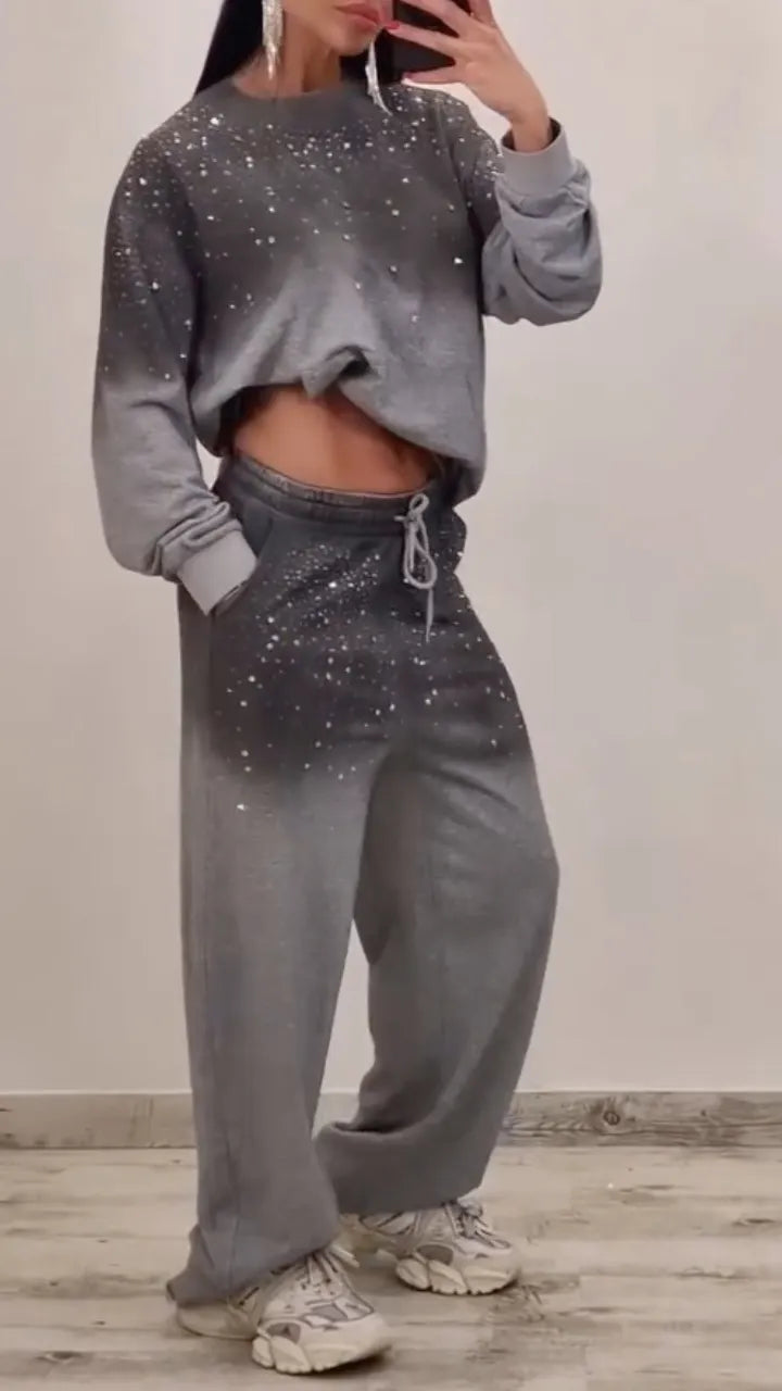 Women's Gradient Rhinestone Casual Hoodie Set