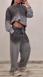Women's Gradient Rhinestone Casual Hoodie Set