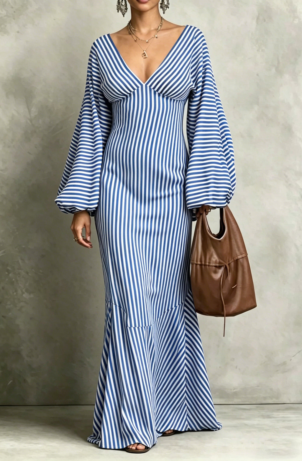 Retro Striped Lantern-sleeve Dress