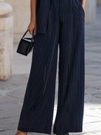 Navy Pinstripe Contrast Collar Short-Sleeve Shirt & High-Waisted Wide-Leg Pants