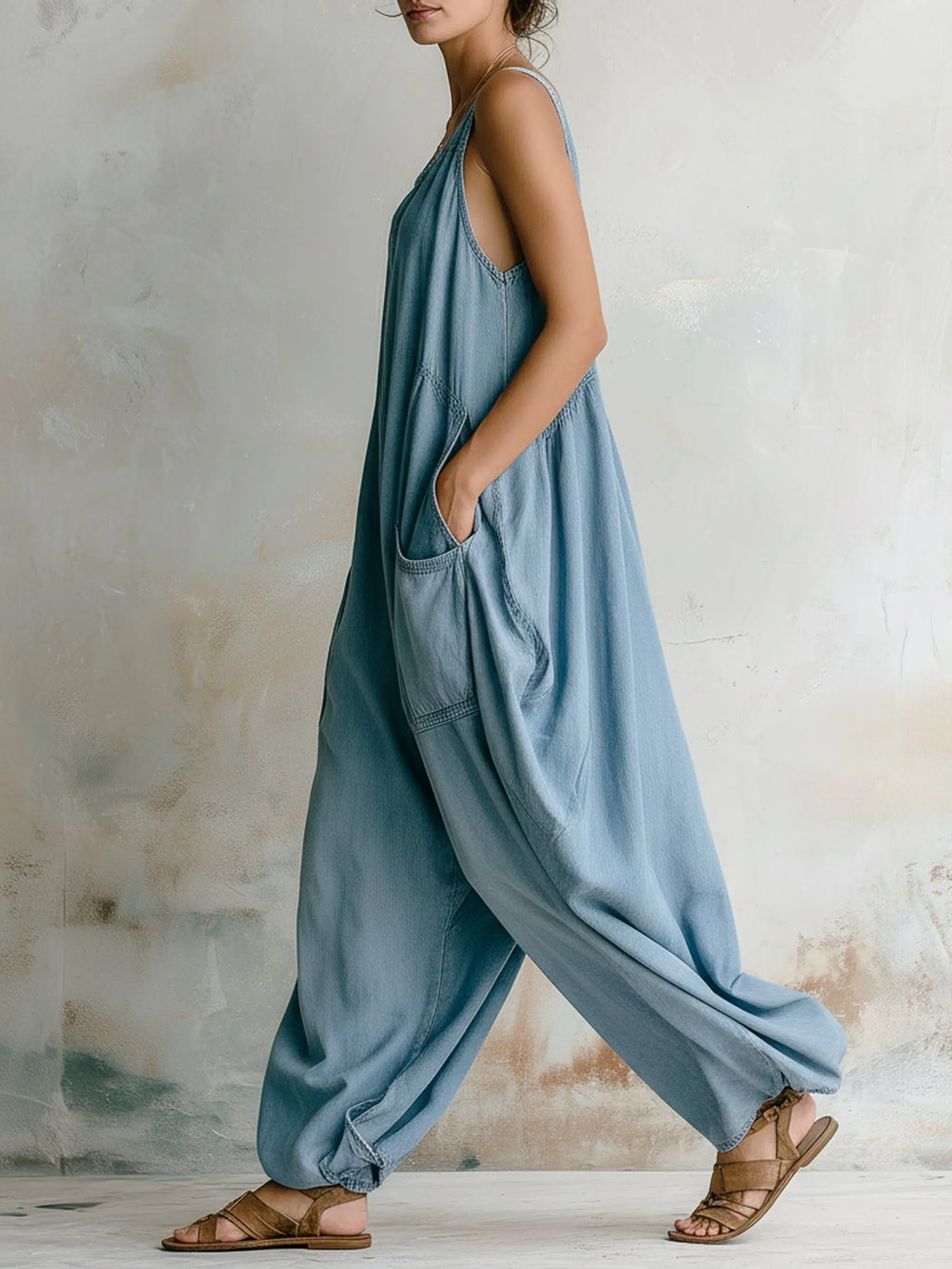 Vintage Washed Denim Sleeveless Jumpsuit