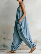Vintage Washed Denim Sleeveless Jumpsuit