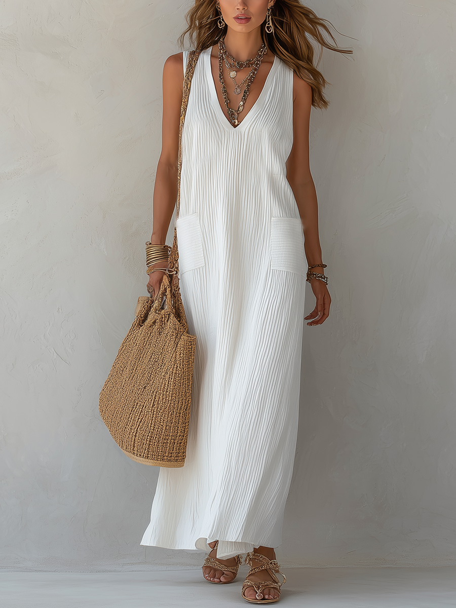 White Textured V-neck Sleeveless Dress