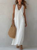 White Textured V-neck Sleeveless Dress