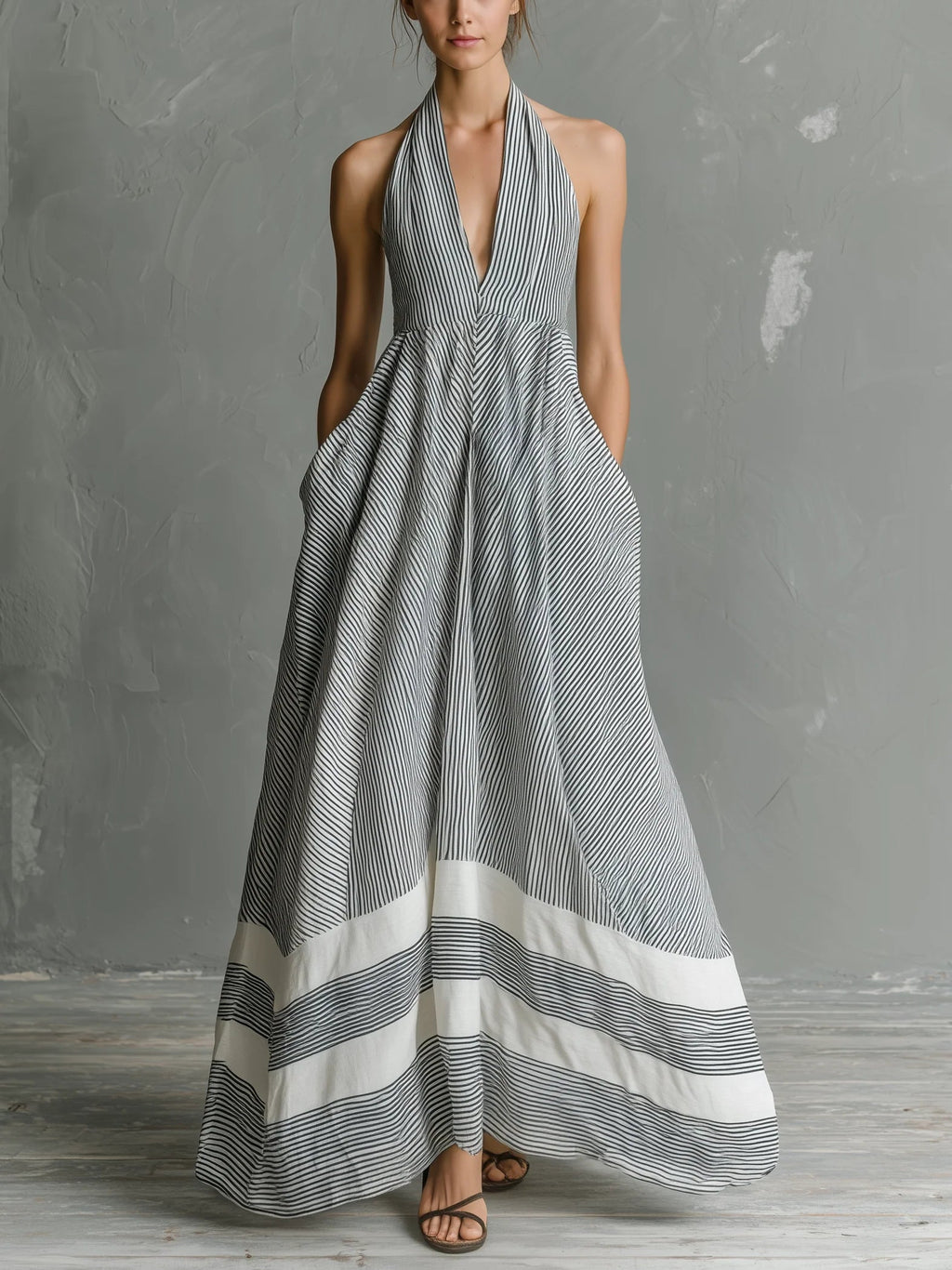 Stylish Casual Striped Linen And Cotton Sleeveless Dress