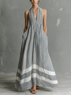 Stylish Casual Striped Linen And Cotton Sleeveless Dress