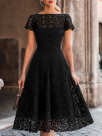 Elegant Floral Lace Boat Neck A-Line Midi Dress