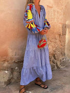 Women's Retro Striped Art Long Sleeve Casual Vacation Maxi Dress