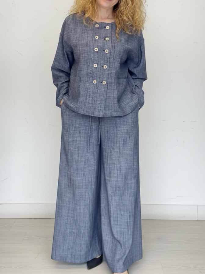 Elegant Button-up Shirt And Wide-leg Trousers Linen Set