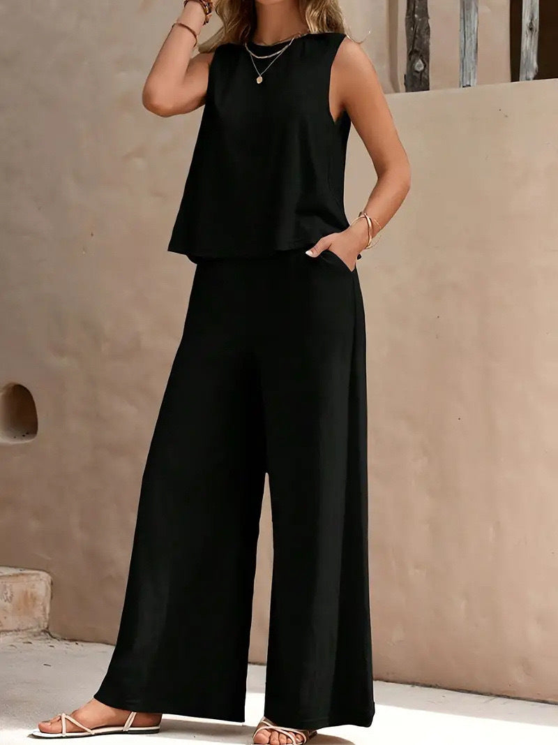 Women's Casual Crew Neck Top And Wide-leg Pants Set